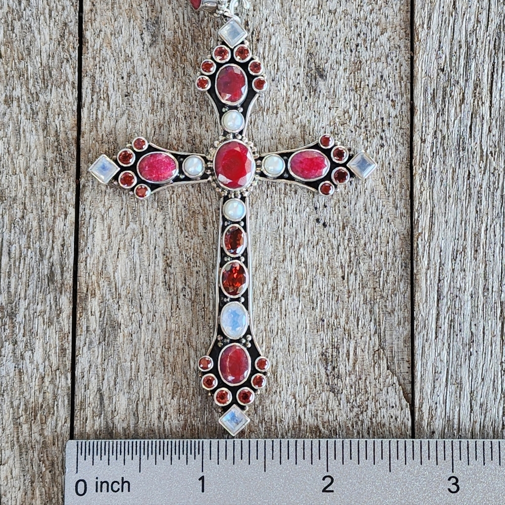 Nicky Butler Sterling Silver Ruby Pearl Garnet Moonstone Cross Pendant Vintage - Picture 5 of 9